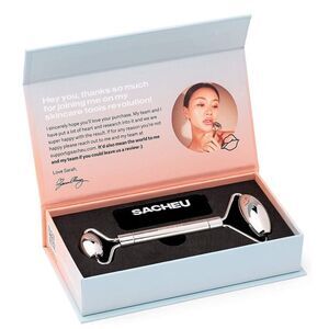 NIB Sacheu Beauty Stainless Steel dual-sided Beauty Roller & Travel Pouch